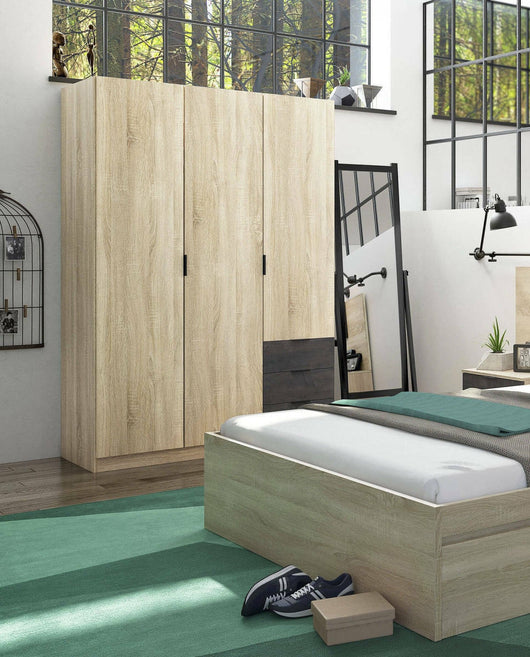 Guardaroba Apaches, Armadio per camera da letto a 3 ante e 3 cassetti, Mobile con barra appendiabiti e 3 ripiani cm 121x80h180, Rovere e Ossido