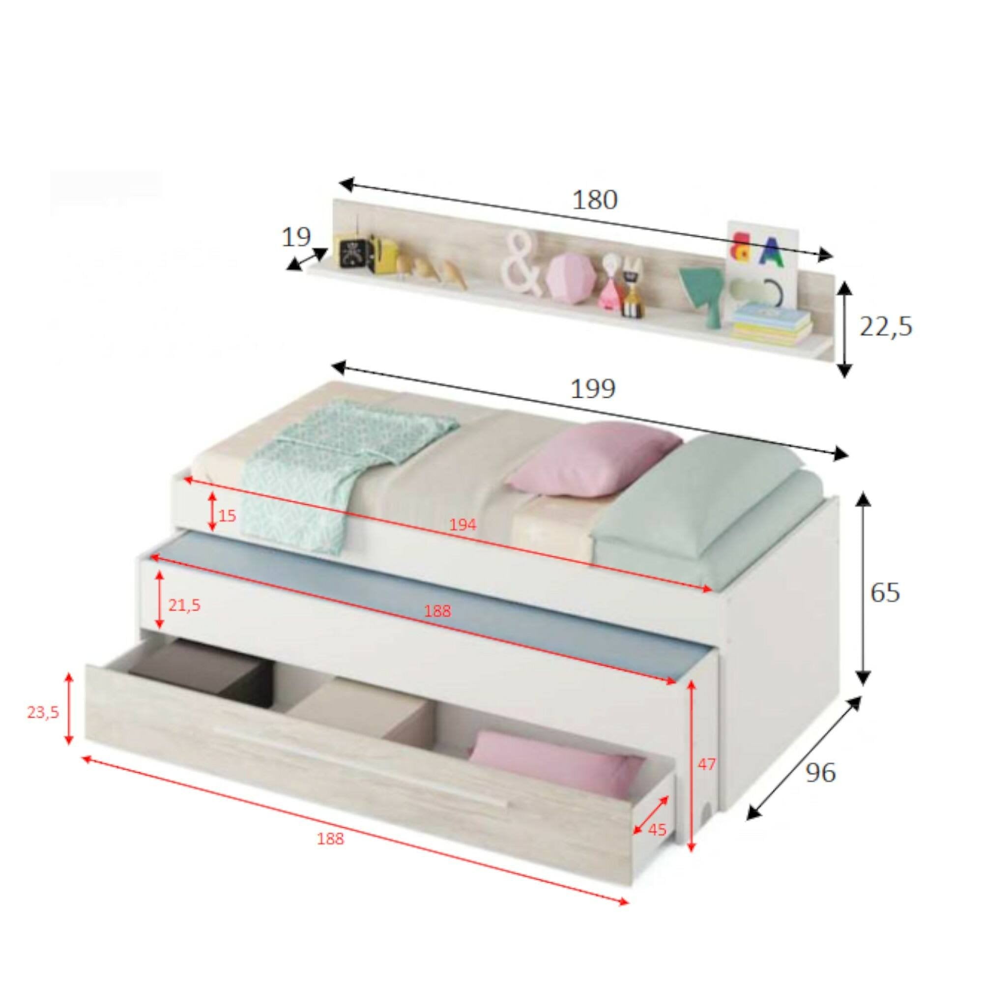 Letto singolo Art, Struttura letto per cameretta, Letto singolo con lettino estraibile e cassettone e mensola abbinata, cm 199x96h65, Bianco
