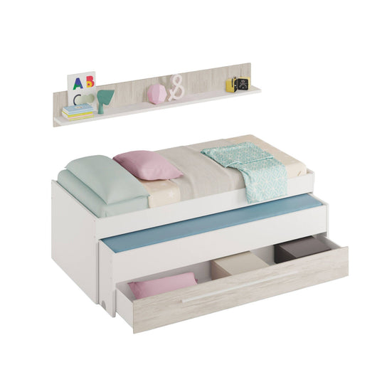 Letto singolo Art, Struttura letto per cameretta, Letto singolo con lettino estraibile e cassettone e mensola abbinata, cm 199x96h65, Bianco