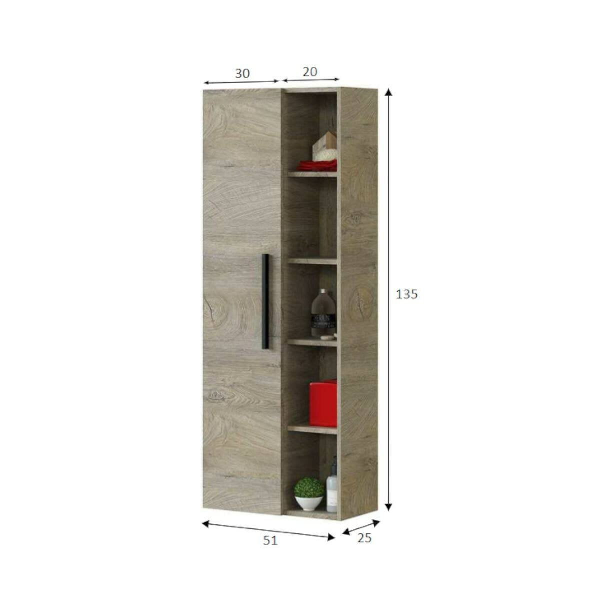 Colonna Bagno Achisa, Mobile a colonna per bagno a 1 anta, Armadio pensile sospeso con 5 ripiani, cm 51x25h135, Rovere