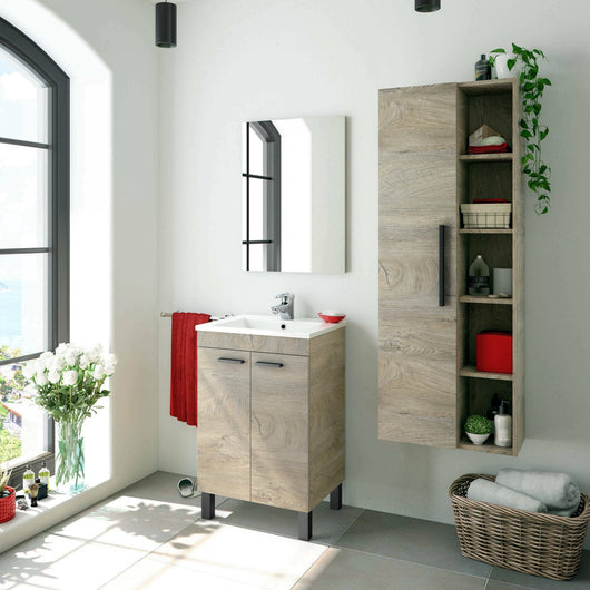 Colonna Bagno Achisa, Mobile a colonna per bagno a 1 anta, Armadio pensile sospeso con 5 ripiani, cm 51x25h135, Rovere