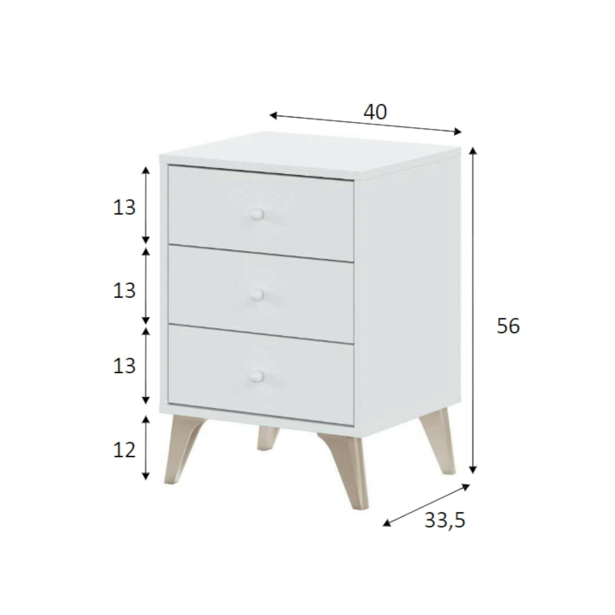 Comodino Attina, Comodino a 3 cassetti, Tavolino da notte, cm 40x34h56, Bianco e Rovere
