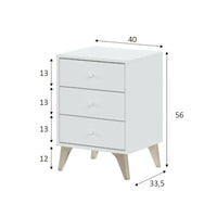 Comodino Attina, Comodino a 3 cassetti, Tavolino da notte, cm 40x34h56, Bianco e Rovere