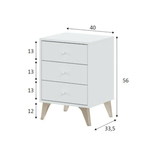 Comodino Attina, Comodino a 3 cassetti, Tavolino da notte, cm 40x34h56, Bianco e Rovere