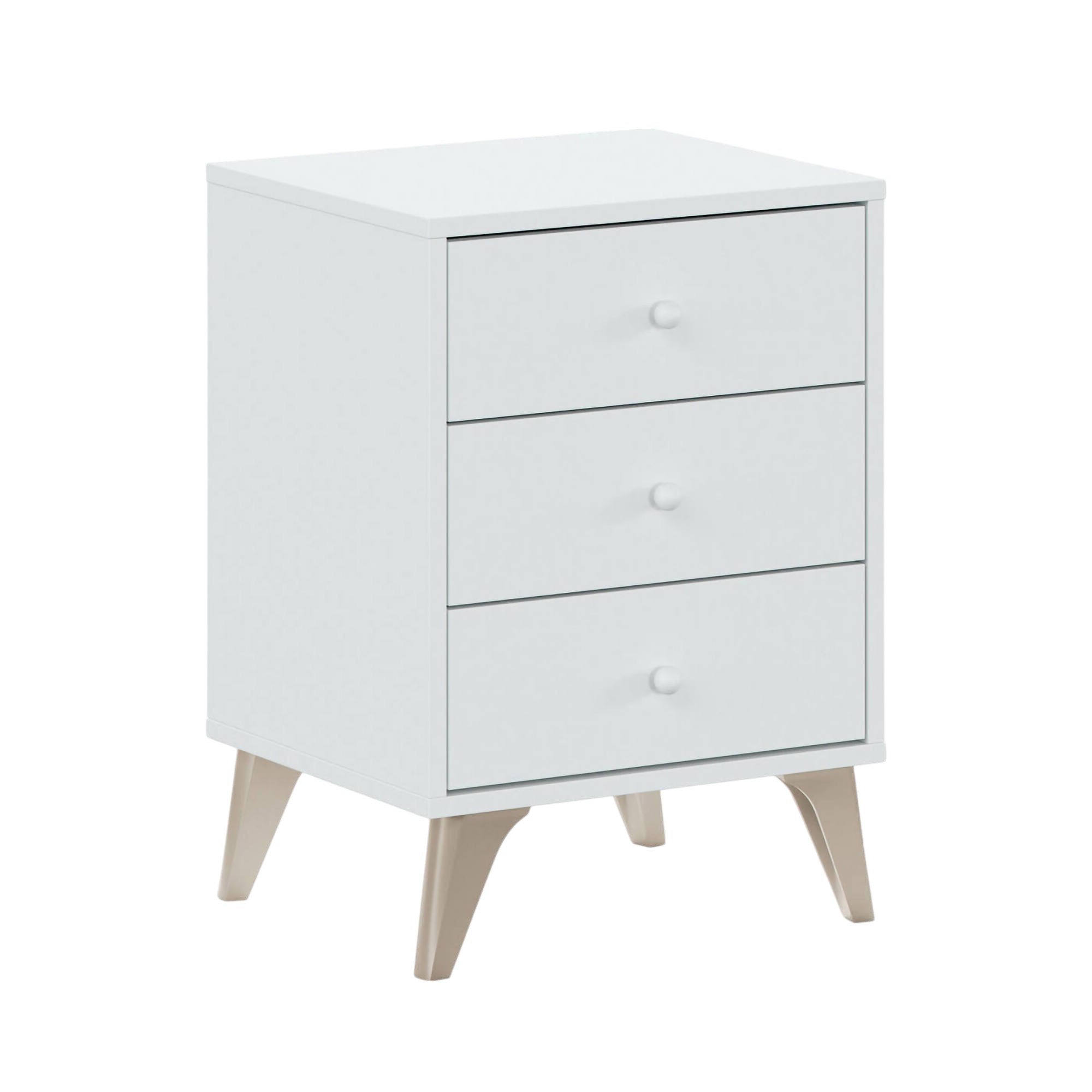 Comodino Attina, Comodino a 3 cassetti, Tavolino da notte, cm 40x34h56, Bianco e Rovere