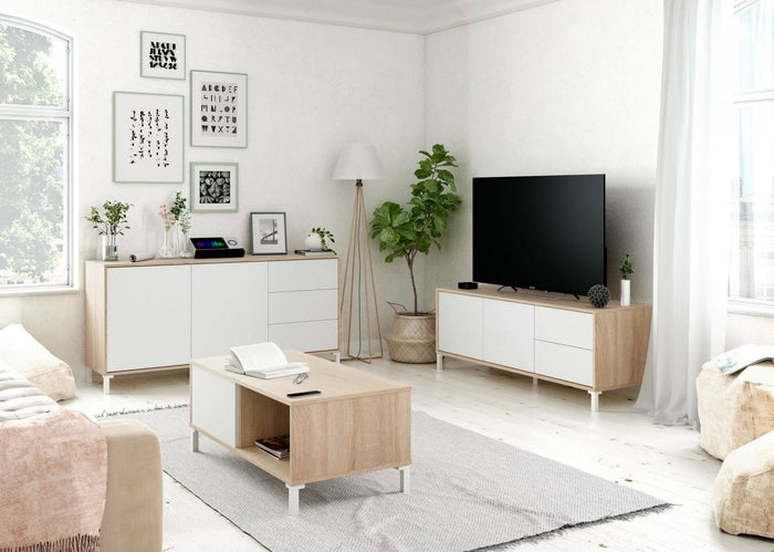 Credenza Ardelia, Madia moderna a 2 ante e 3 cassetti, Buffet da soggiorno, Mobile porta TV, Madia per salotto, cm 154x41h74, Rovere e Bianco