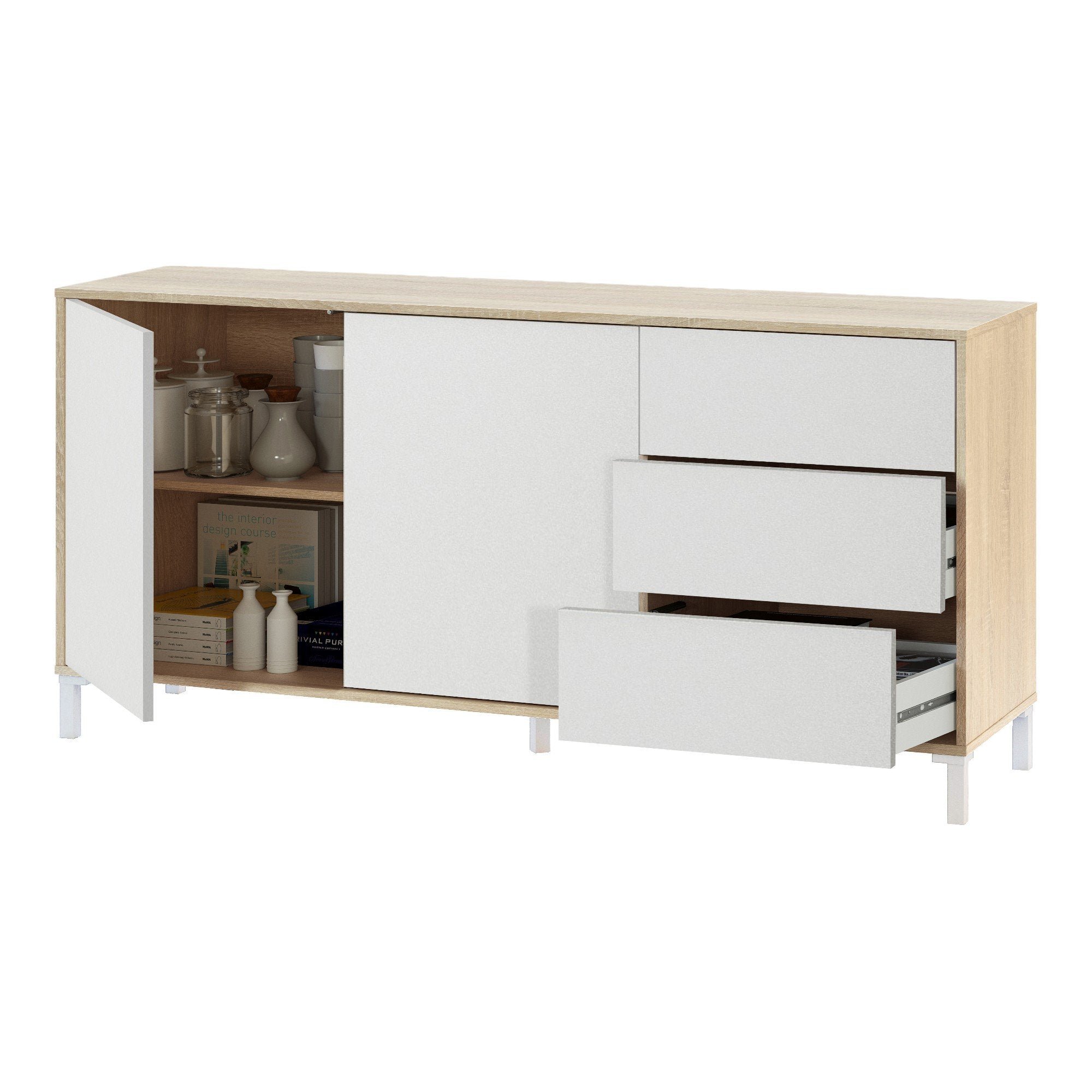 Credenza Ardelia, Madia moderna a 2 ante e 3 cassetti, Buffet da soggiorno, Mobile porta TV, Madia per salotto, cm 154x41h74, Rovere e Bianco