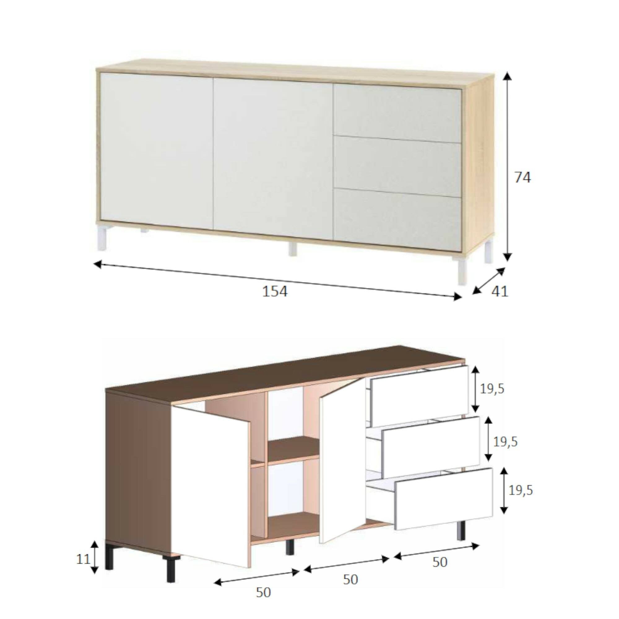 Credenza Ardelia, Madia moderna a 2 ante e 3 cassetti, Buffet da soggiorno, Mobile porta TV, Madia per salotto, cm 154x41h74, Rovere e Bianco