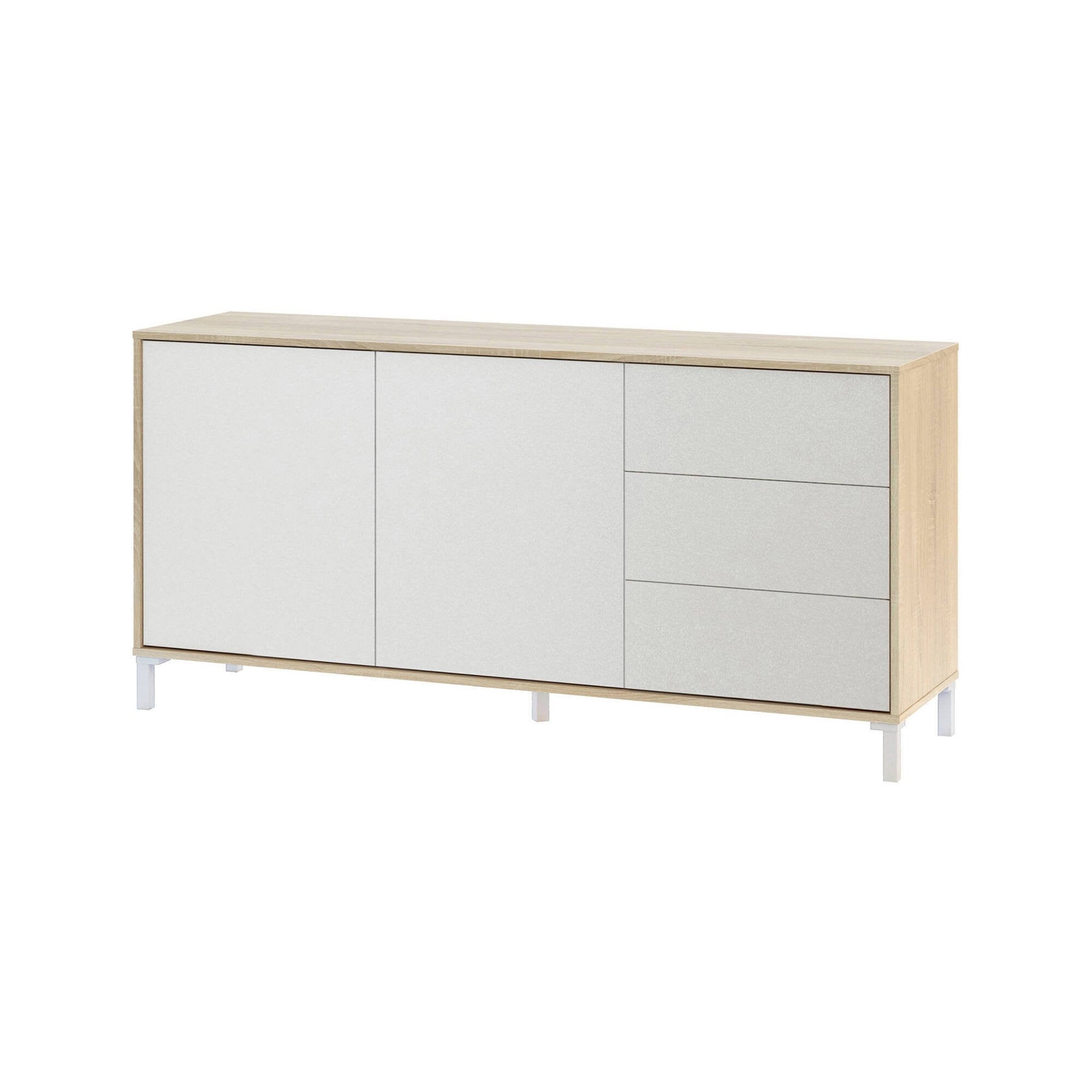 Credenza Ardelia, Madia moderna a 2 ante e 3 cassetti, Buffet da soggiorno, Mobile porta TV, Madia per salotto, cm 154x41h74, Rovere e Bianco