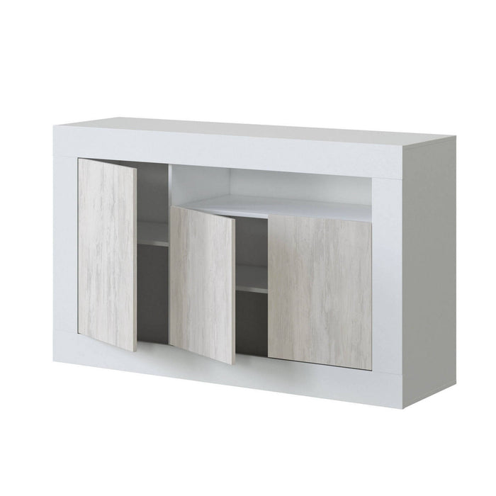 Credenza Ilizia, Madia moderna a 3 ante, Buffet da soggiorno porta TV, cm 144x42h87, Bianco