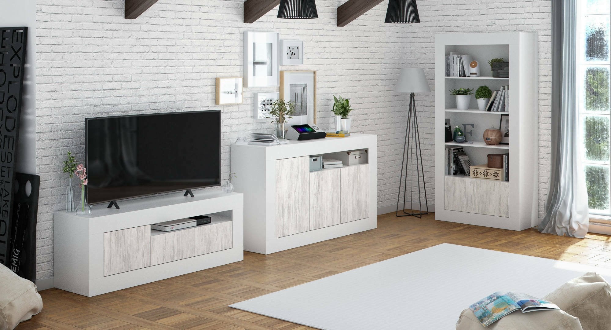 Credenza Ilizia, Madia moderna a 3 ante, Buffet da soggiorno porta TV, cm 144x42h87, Bianco