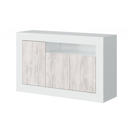 Credenza Ilizia, Madia moderna a 3 ante, Buffet da soggiorno porta TV, cm 144x42h87, Bianco