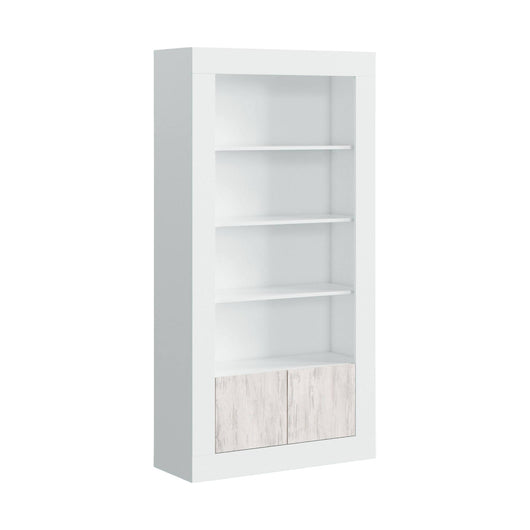 Libreria Arinius, Mobile portalibri moderna a 2 ante e 3 ripiani, Scaffale moderno, Credenza alta con scomparti, cm 181x35h94, Bianco lucido