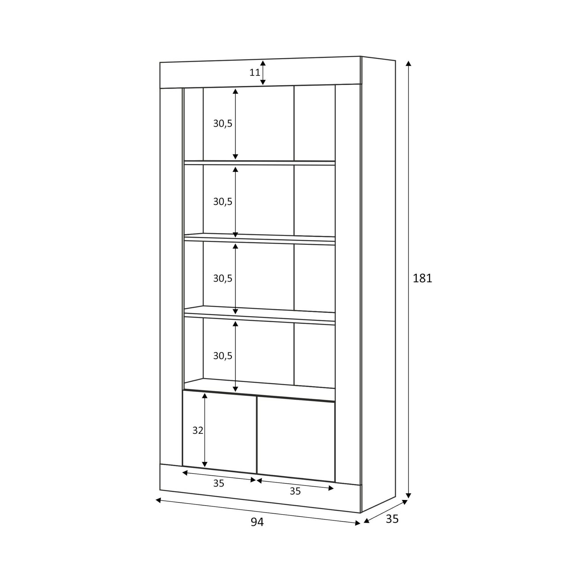 Libreria Arinius, Mobile portalibri moderna a 2 ante e 3 ripiani, Scaffale moderno, Credenza alta con scomparti, cm 181x35h94, Bianco lucido