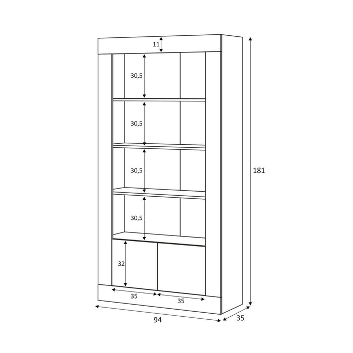 Libreria Arinius, Mobile portalibri moderna a 2 ante e 3 ripiani, Scaffale moderno, Credenza alta con scomparti, cm 181x35h94, Bianco lucido