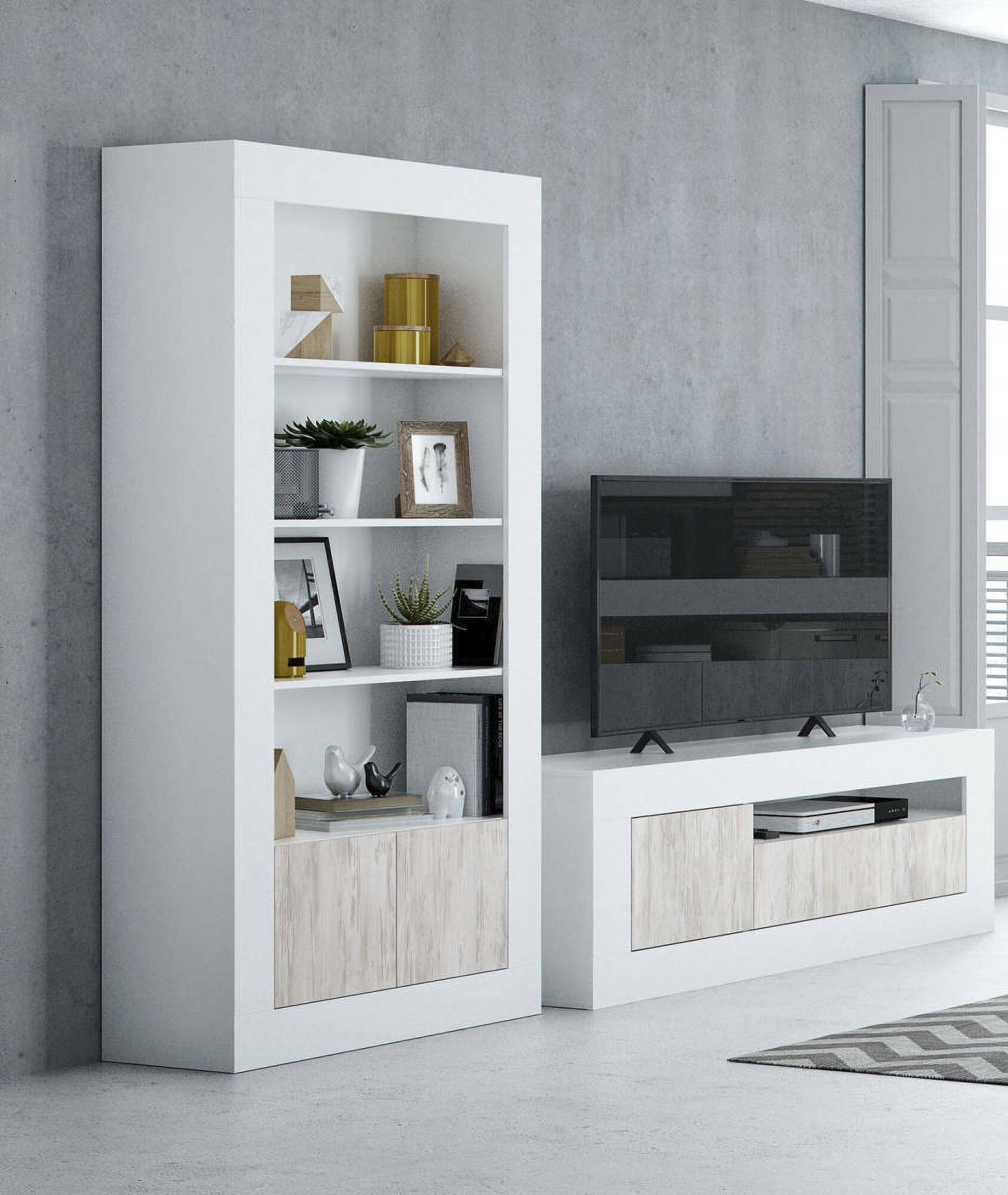 Libreria Arinius, Mobile portalibri moderna a 2 ante e 3 ripiani, Scaffale moderno, Credenza alta con scomparti, cm 181x35h94, Bianco lucido