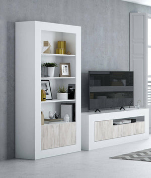 Libreria Arinius, Mobile portalibri moderna a 2 ante e 3 ripiani, Scaffale moderno, Credenza alta con scomparti, cm 181x35h94, Bianco lucido