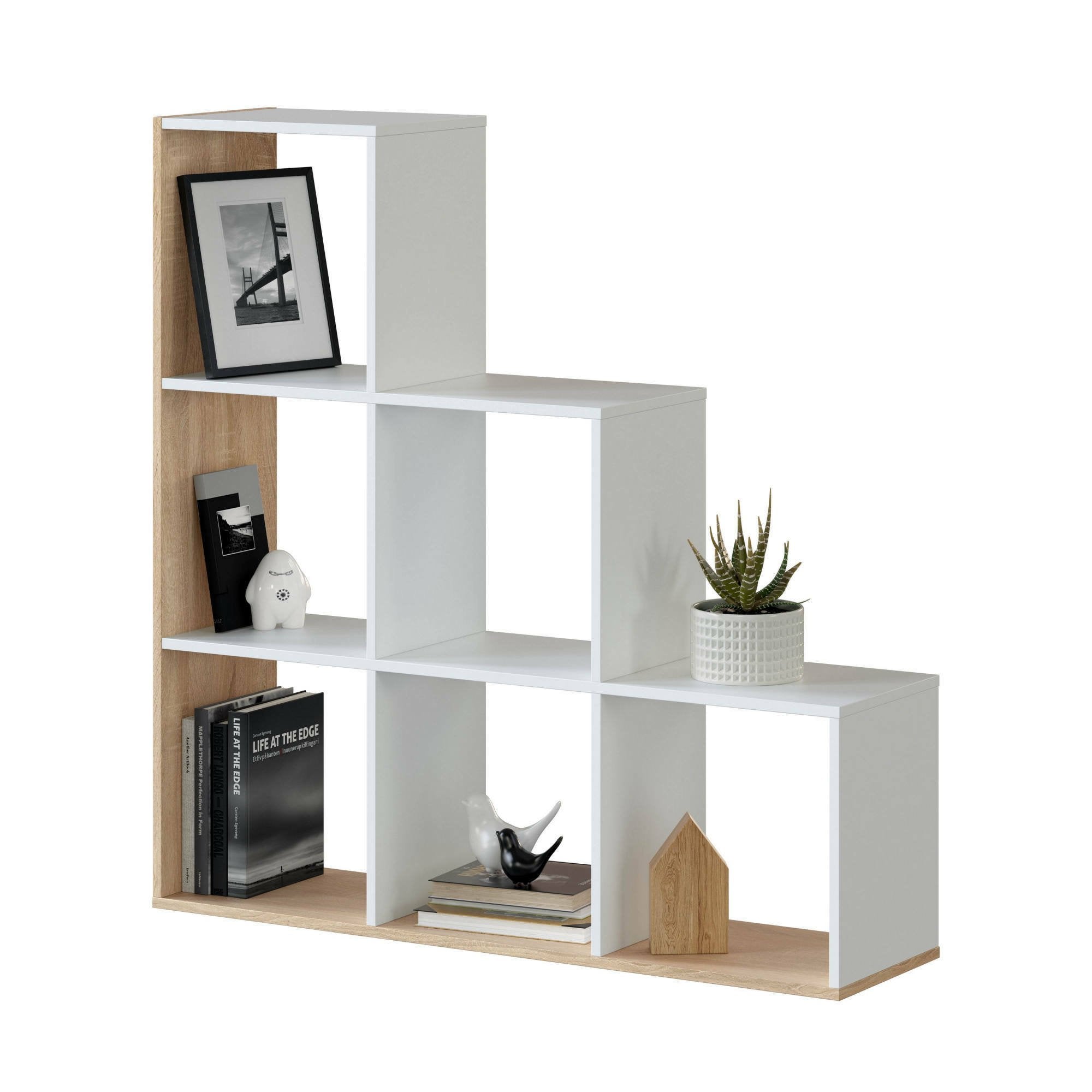 Libreria Abilu, Mobile portalibri bifacciale con 6 scomparti, Scaffale divisorio da ufficio, cm 108x28h110, Bianco e Rovere