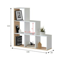 Libreria Abilu, Mobile portalibri bifacciale con 6 scomparti, Scaffale divisorio da ufficio, cm 108x28h110, Bianco e Rovere