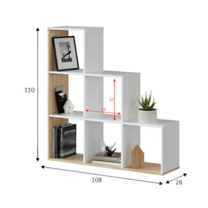 Libreria Abilu, Mobile portalibri bifacciale con 6 scomparti, Scaffale divisorio da ufficio, cm 108x28h110, Bianco e Rovere