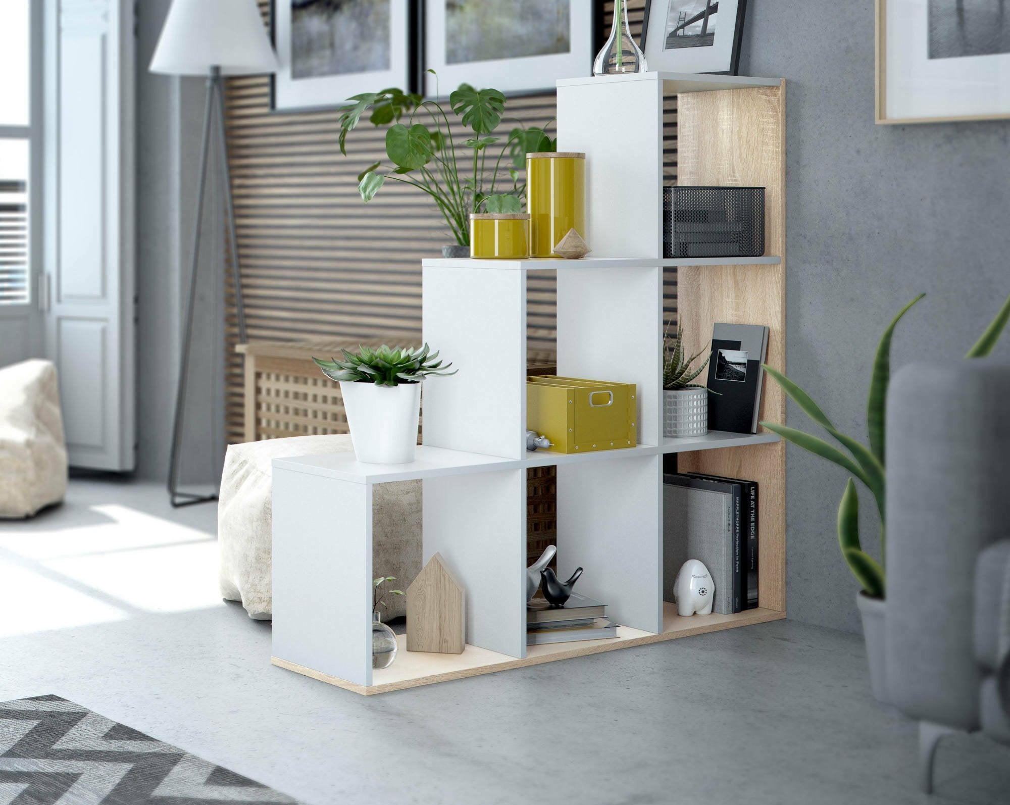 Libreria Abilu, Mobile portalibri bifacciale con 6 scomparti, Scaffale divisorio da ufficio, cm 108x28h110, Bianco e Rovere