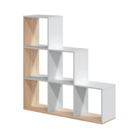 Libreria Abilu, Mobile portalibri bifacciale con 6 scomparti, Scaffale divisorio da ufficio, cm 108x28h110, Bianco e Rovere