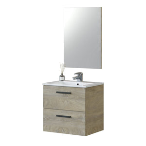 Mobile sottolavabo Affa, Mobiletto per bagno a 2 cassetti, Armadietto sospeso con specchio, lavabo non incluso, cm 60x45h67, Rovere