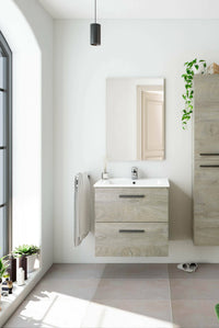 Mobile sottolavabo Affa, Mobiletto per bagno a 2 cassetti, Armadietto sospeso con specchio, lavabo non incluso, cm 60x45h67, Rovere