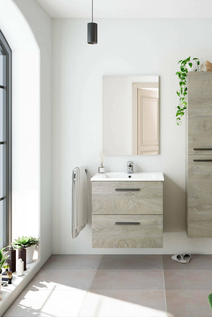 Mobile sottolavabo Affa, Mobiletto per bagno a 2 cassetti, Armadietto sospeso con specchio, lavabo non incluso, cm 60x45h67, Rovere