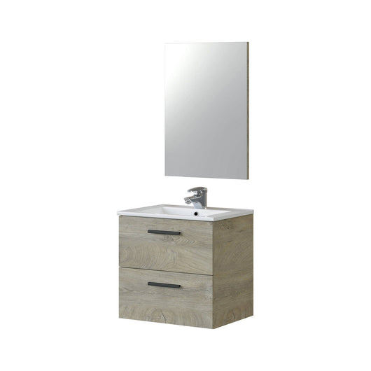 Mobile sottolavabo Affa, Mobiletto per bagno a 2 cassetti, Armadietto sospeso con specchio, lavabo non incluso, cm 60x45h67, Rovere