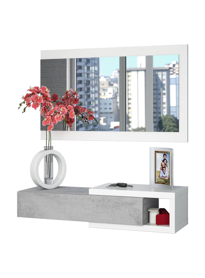 Mobile da ingresso Arty, Entratina con specchio, Mobile per atrio con cassetto, Svuotatasche per appartamenti, cm 95x26h69, Bianco e Cemento
