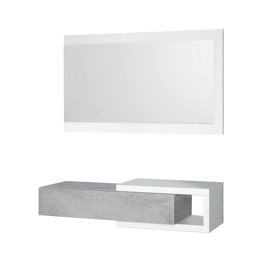 Mobile da ingresso Arty, Entratina con specchio, Mobile per atrio con cassetto, Svuotatasche per appartamenti, cm 95x26h69, Bianco e Cemento