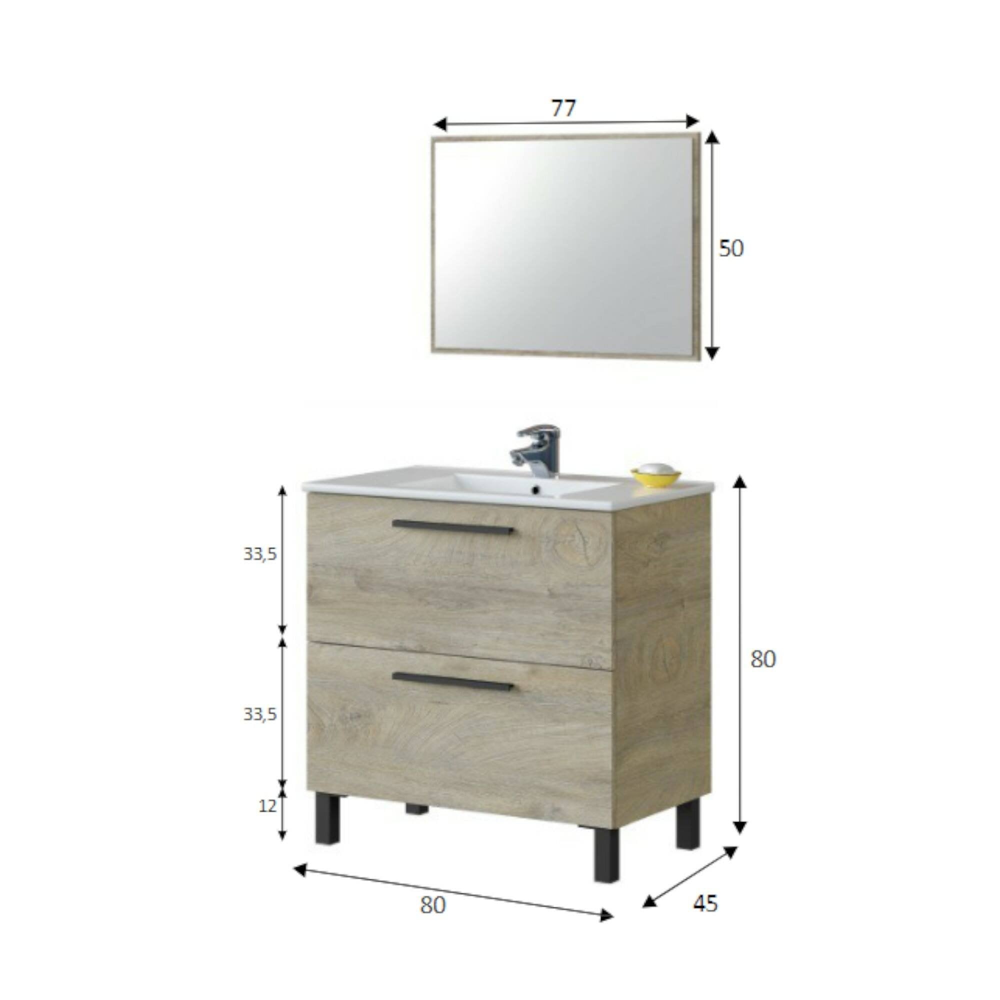 Mobile sottolavabo Abissalino, Mobiletto per bagno a 2 cassetti, Armadietto sospeso con specchio, lavabo non incluso, cm 80x45h80, Rovere