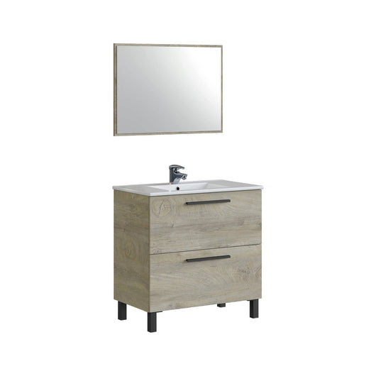 Mobile sottolavabo Abissalino, Mobiletto per bagno a 2 cassetti, Armadietto sospeso con specchio, lavabo non incluso, cm 80x45h80, Rovere