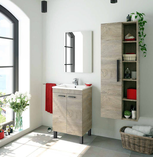 Mobile sottolavabo Almenia, Mobiletto per bagno, Armadio a 2 ante con specchio, lavabo non incluso, cm 50x40h80, Rovere