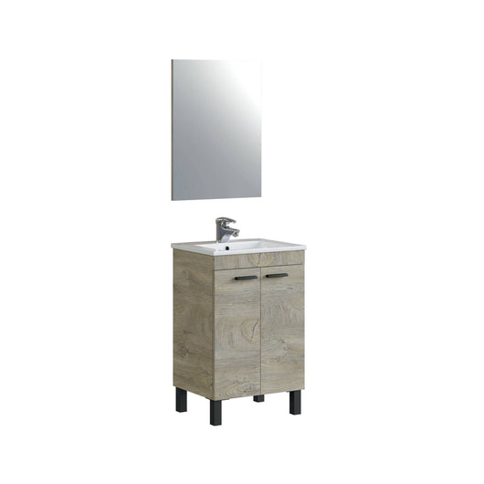 Mobile sottolavabo Almenia, Mobiletto per bagno, Armadio a 2 ante con specchio, lavabo non incluso, cm 50x40h80, Rovere
