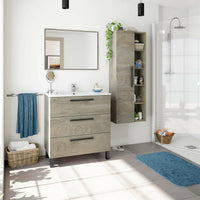 Mobile sottolavabo Elleboro, Mobiletto per bagno, Armadio a 3 cassetti e specchio, lavabo non incluso, 80x45h86 cm, Quercia