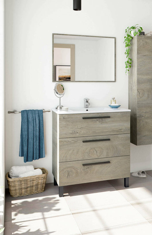 Mobile sottolavabo Elleboro, Mobiletto per bagno, Armadio a 3 cassetti e specchio, lavabo non incluso, 80x45h86 cm, Quercia