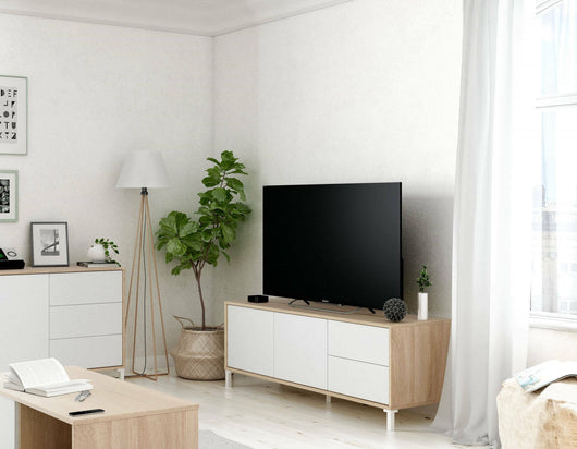Mobile porta TV Alva, Credenza per televisione a 2 ante, Supporto TV da soggiorno, Mobile porta TV, Madia per salotto, cm 151x41h80, Rovere e Bianco