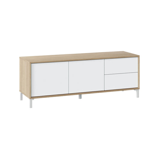 Mobile porta TV Alva, Credenza per televisione a 2 ante, Supporto TV da soggiorno, Mobile porta TV, Madia per salotto, cm 151x41h80, Rovere e Bianco