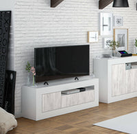 Mobile porta TV Kunzite, Credenza per televisione da soggiorno, Supporto TV a 2 ante, cm 139x42h53, Rovere e Bianco
