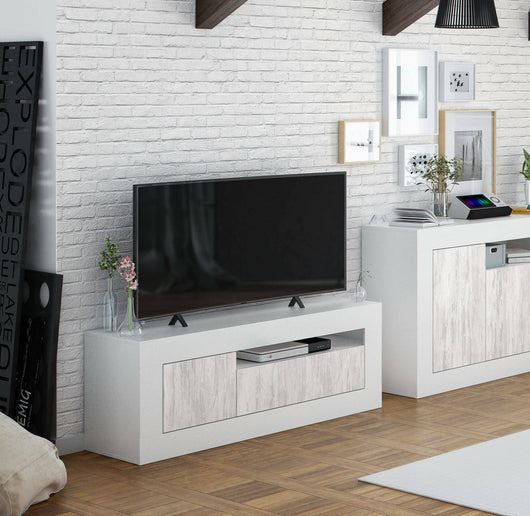 Mobile porta TV Kunzite, Credenza per televisione da soggiorno, Supporto TV a 2 ante, cm 139x42h53, Rovere e Bianco