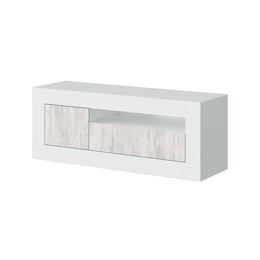 Mobile porta TV Kunzite, Credenza per televisione da soggiorno, Supporto TV a 2 ante, cm 139x42h53, Rovere e Bianco