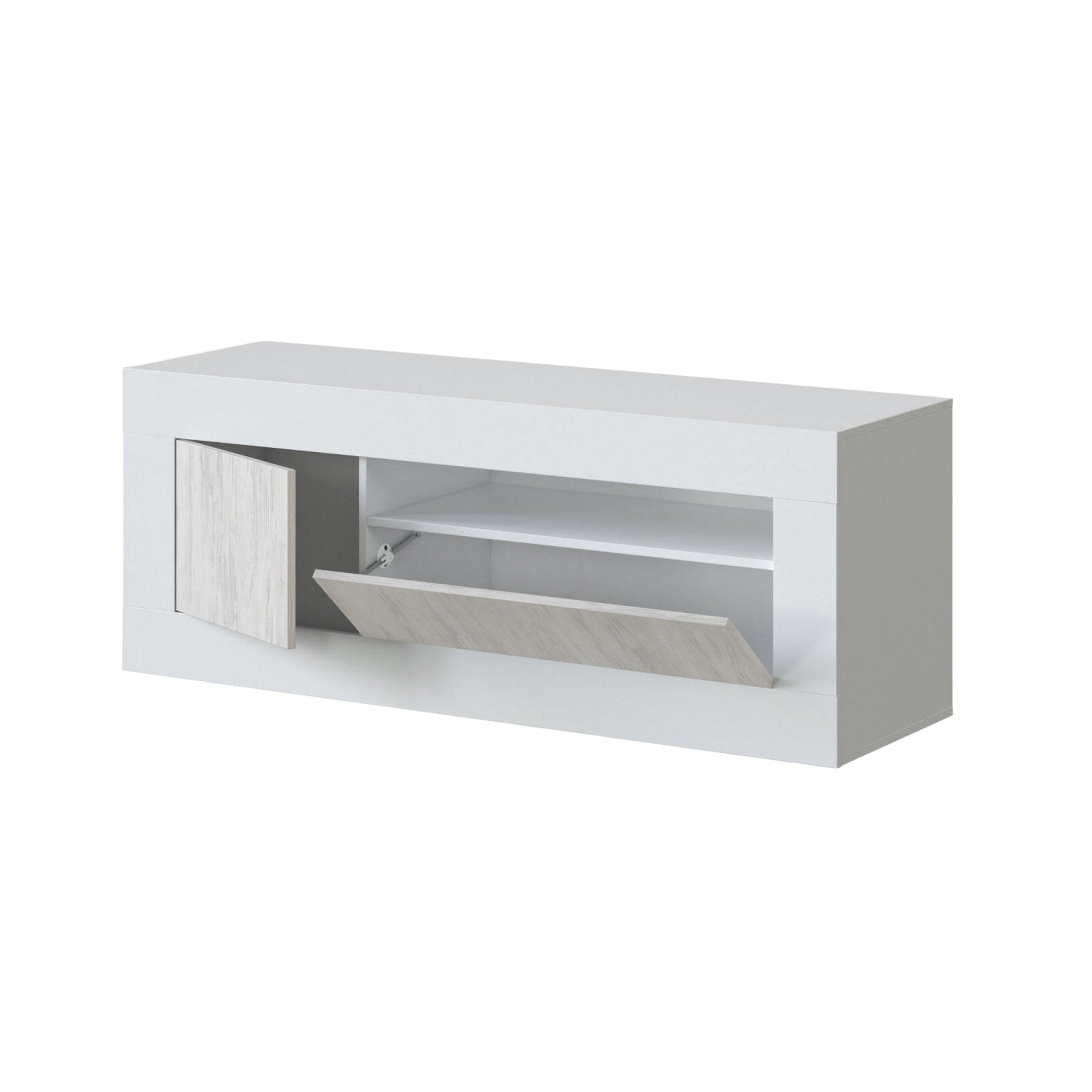 Mobile porta TV Kunzite, Credenza per televisione da soggiorno, Supporto TV a 2 ante, cm 139x42h53, Rovere e Bianco