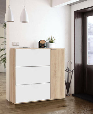 Scarpiera Ammour, Armadio portascarpe a 4 ante, Mobile basso multiuso con 5 ripiani, Scarpiera moderna, cm 106x22h115, Rovere e Bianco