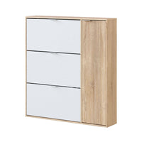 Scarpiera Ammour, Armadio portascarpe a 4 ante, Mobile basso multiuso con 5 ripiani, Scarpiera moderna, cm 106x22h115, Rovere e Bianco