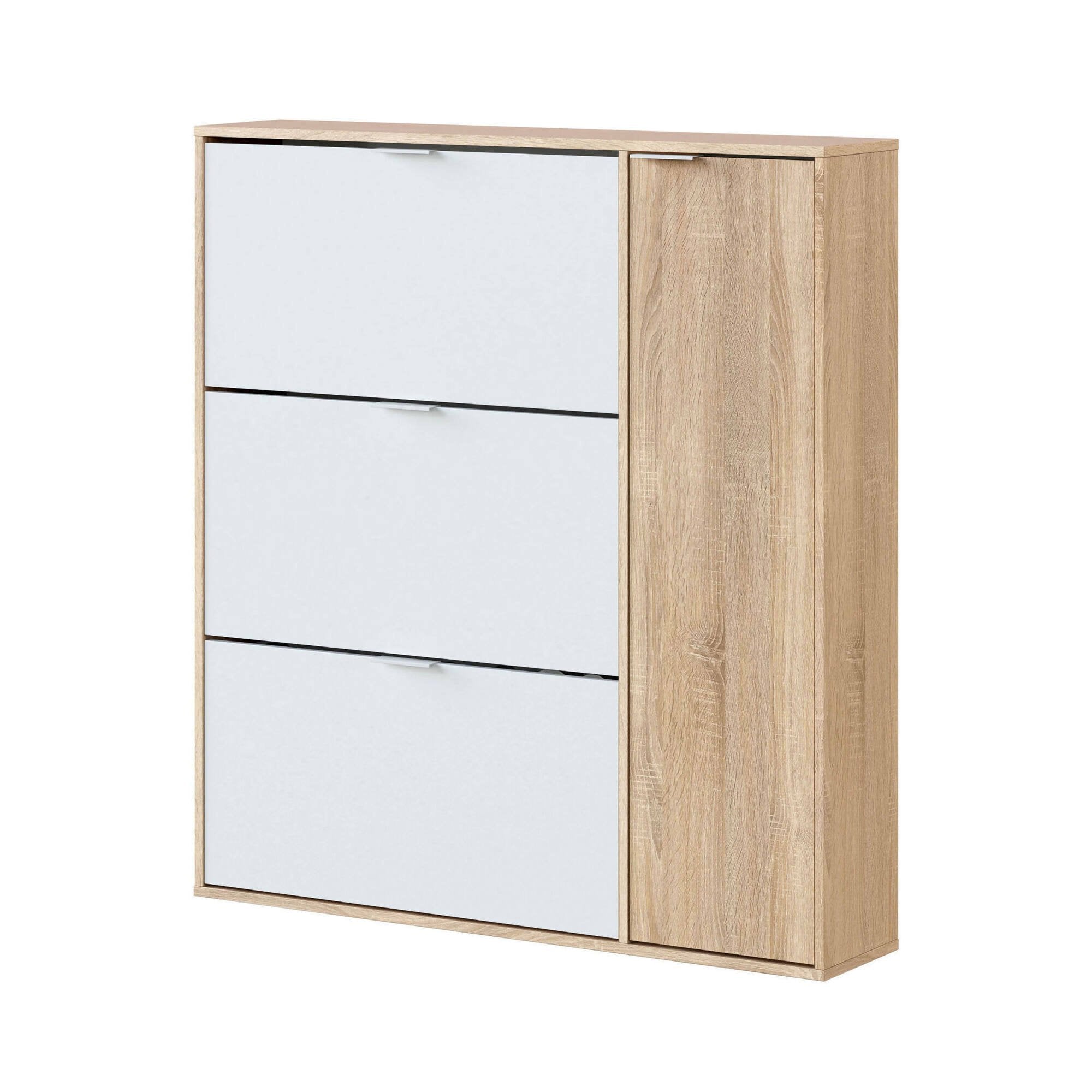 Scarpiera Ammour, Armadio portascarpe a 4 ante, Mobile basso multiuso con 5 ripiani, Scarpiera moderna, cm 106x22h115, Rovere e Bianco