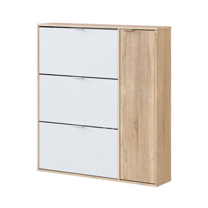 Scarpiera Ammour, Armadio portascarpe a 4 ante, Mobile basso multiuso con 5 ripiani, Scarpiera moderna, cm 106x22h115, Rovere e Bianco