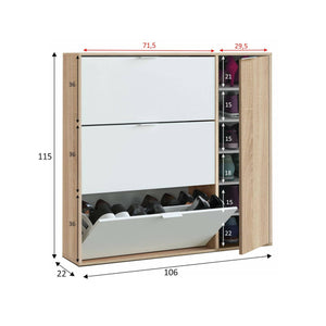 Scarpiera Ammour, Armadio portascarpe a 4 ante, Mobile basso multiuso con 5 ripiani, Scarpiera moderna, cm 106x22h115, Rovere e Bianco