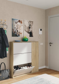 Scarpiera Ammour, Armadio portascarpe a 4 ante, Mobile basso multiuso con 5 ripiani, Scarpiera moderna, cm 106x22h115, Rovere e Bianco